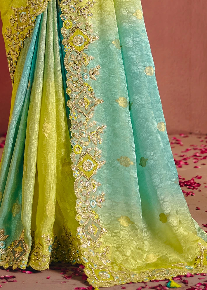 Aqua Blue and Lime Green Ombre Zari Banarasi Silk Embroidered Saree