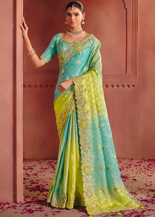 Aqua Blue and Lime Green Ombre Zari Banarasi Silk Embroidered Saree