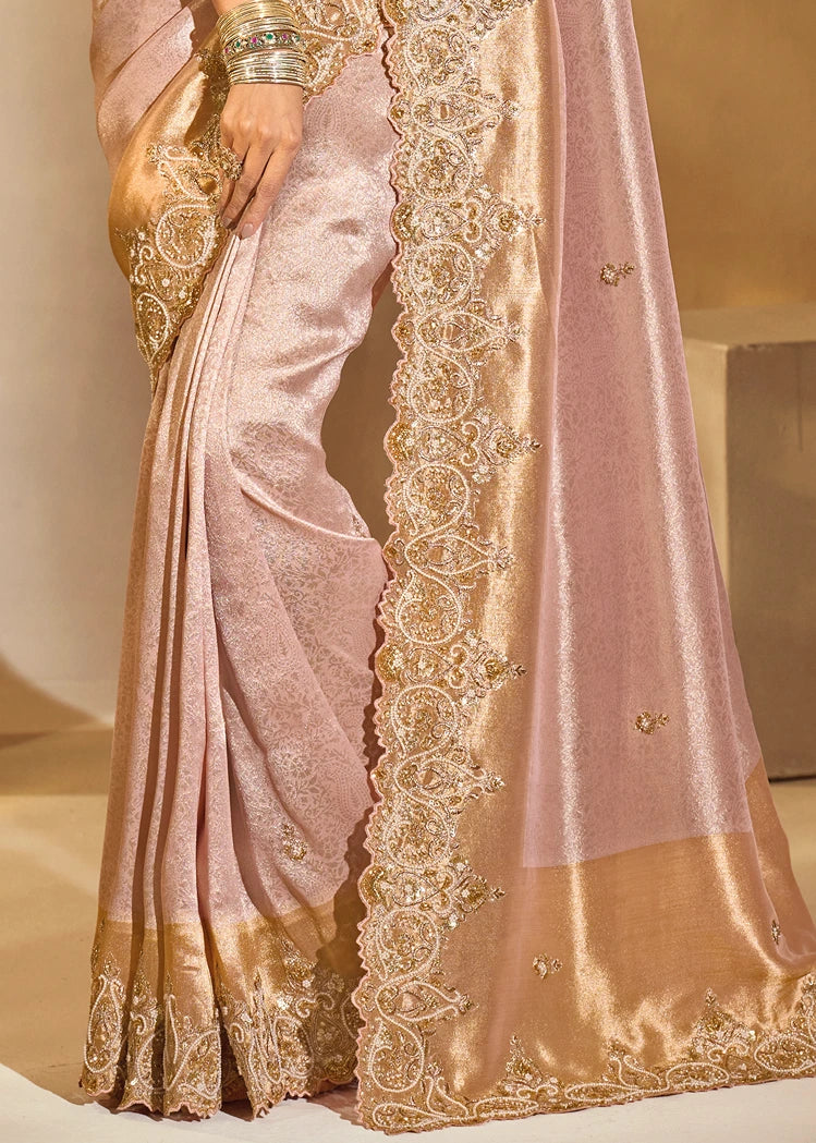 Pastel Pink & Golden Kanjivaram Silk Embroidered Bridal Saree