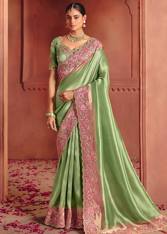 Pastel Green and Pastel Pink Zari Banarasi Silk Embroidered Saree