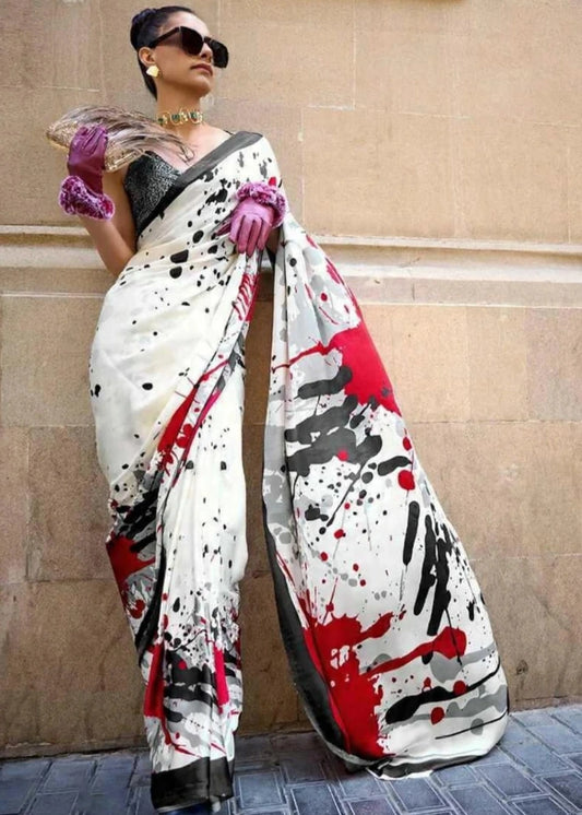 Pure Satin Crepe Silk White Abstract Printed Saree