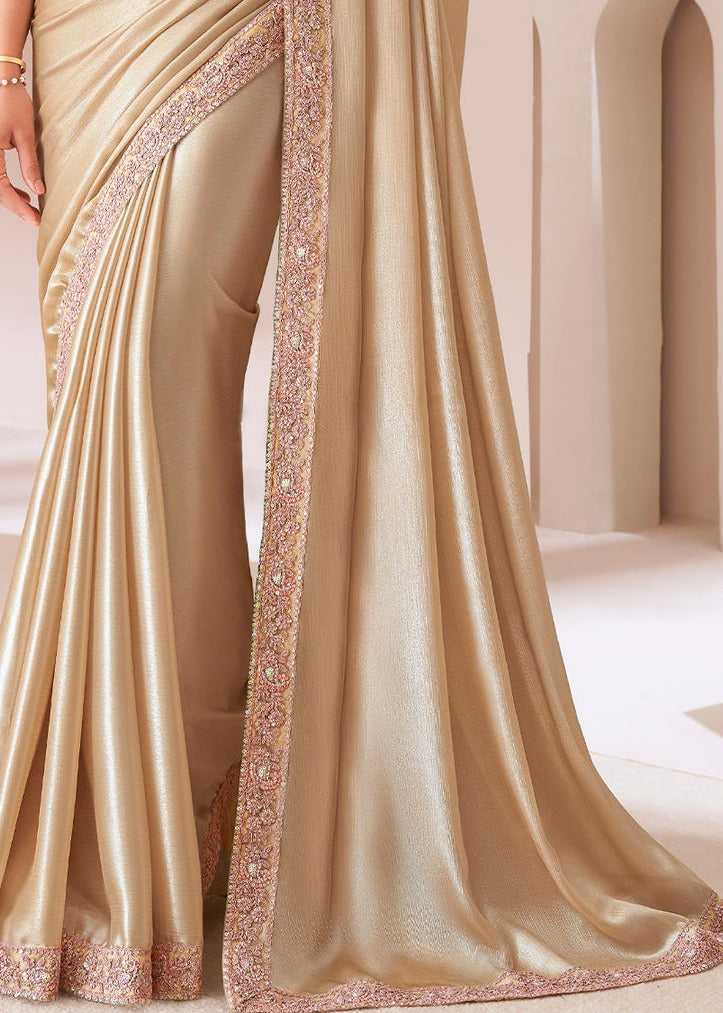 Designer Satin Silk Chiffon Light Gold Saree & Powder Pink Blouse