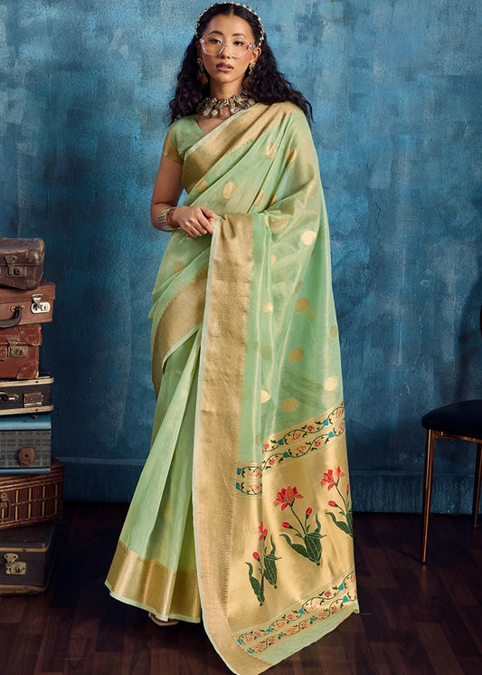 Pure Banarasi Tissue Silk Mint Green Handloom Saree