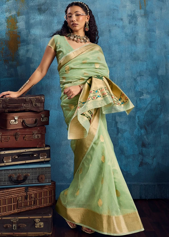 Pure Banarasi Tissue Silk Mint Green Handloom Saree
