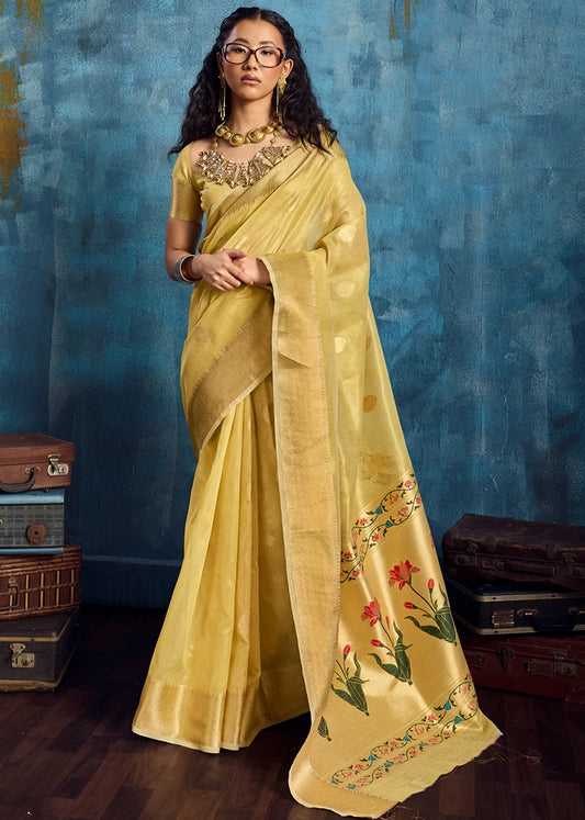 Pure Banarasi Tissue Silk Yellow Handloom Saree