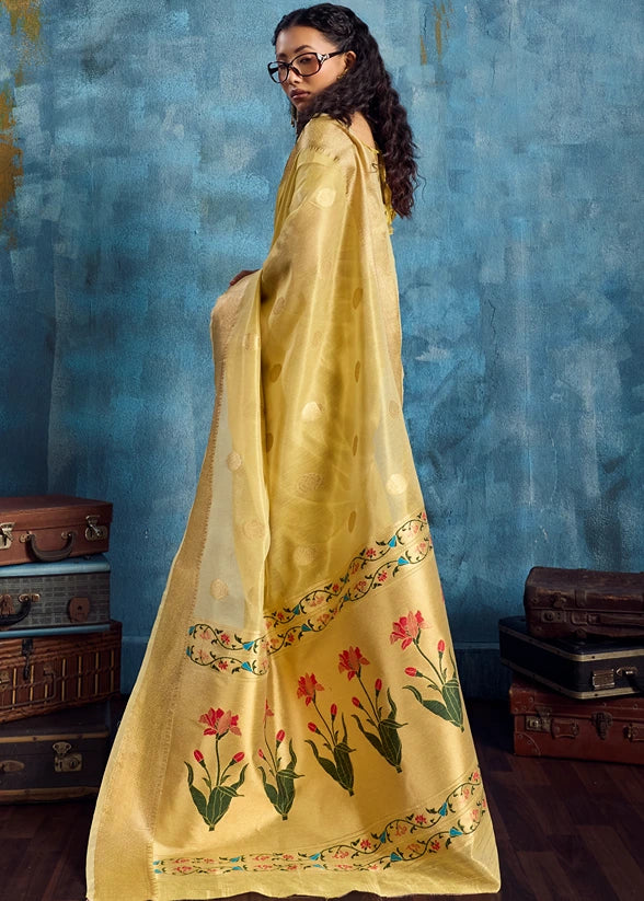 Pure Banarasi Tissue Silk Yellow Handloom Saree