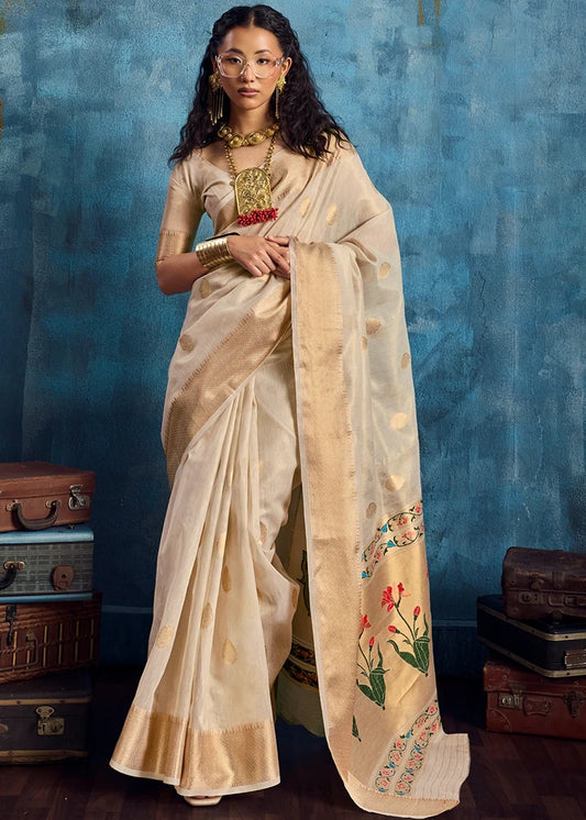 Pure Banarasi Tissue Silk Off White Handloom Saree