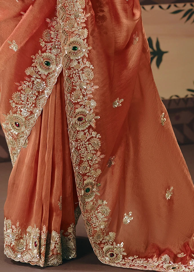 Crushed Organza Tissue Silk Rust Orange Embroidered Saree & Red Blouse