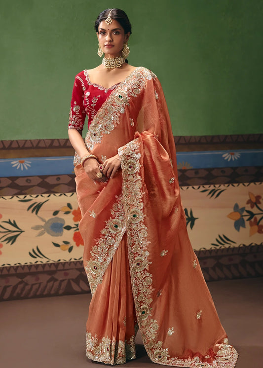 Crushed Organza Tissue Silk Rust Orange Embroidered Saree & Red Blouse