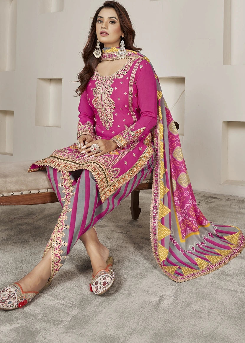 Readymade Hot Pink Embroidered Chinon Silk Suit Set with Dhoti Style Pant