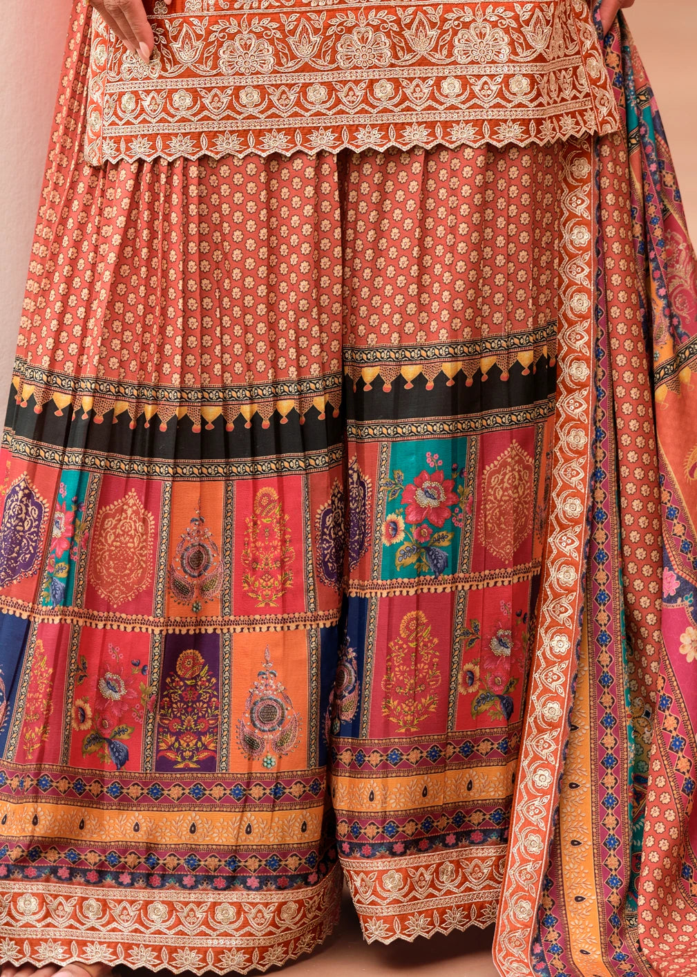 Designer Readymade Orange Chinon Silk Suit Set With Multicolor Palazzo