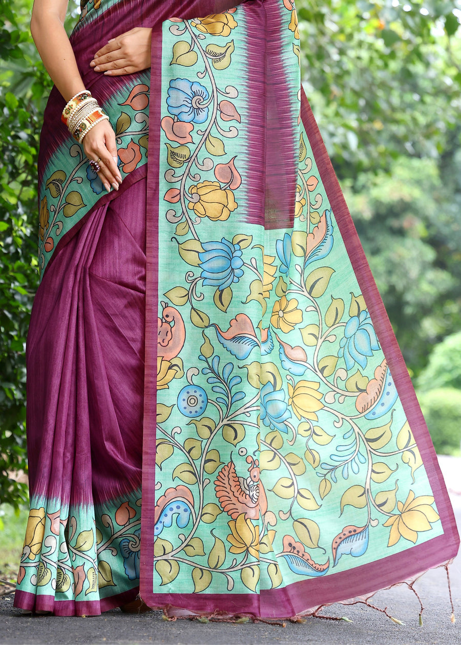 Wine Purple & Green Cotton Silk Kalamkari Saree