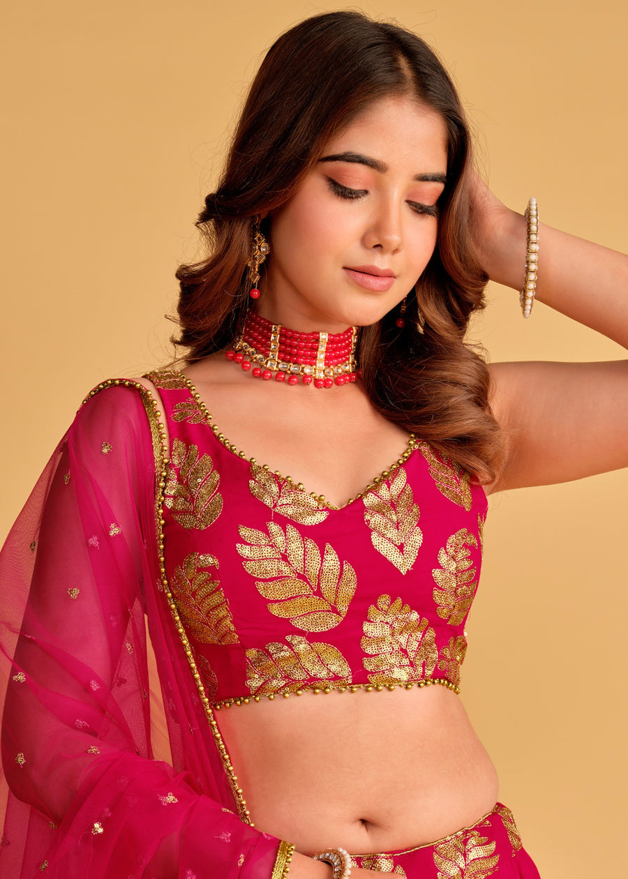 Rani Pink & Golden Sequins Work Georgette Lehenga Choli