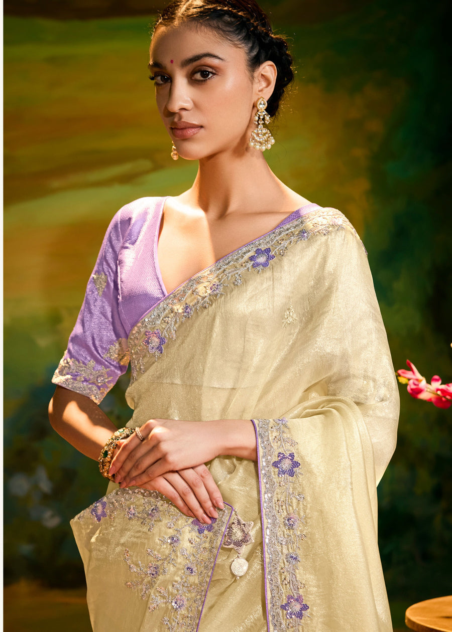 Crushed Satin Tissue Butter Yellow Embroidered Saree & Purple Blouse