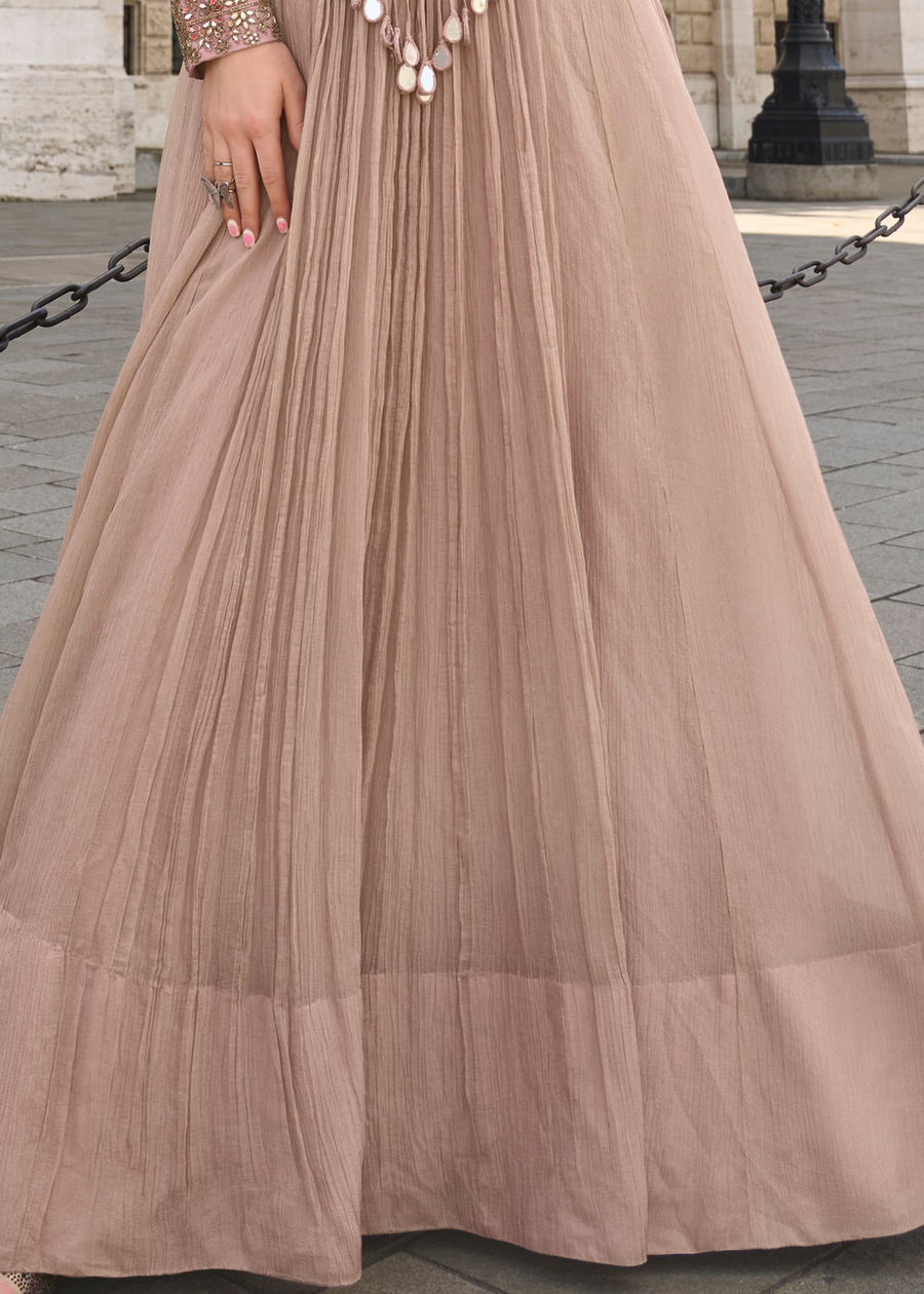Pastel Brown Chinon Silk Mirror Work Anarkali Gown Suit With Dupatta