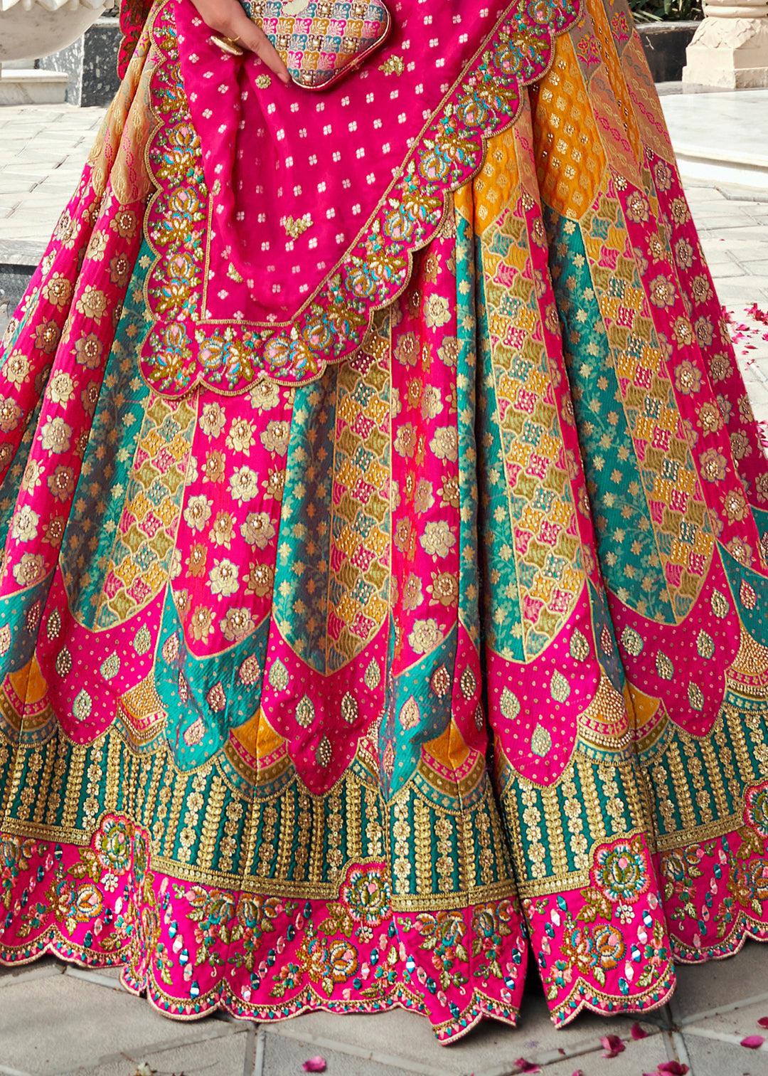 Multicolor Banarasi Silk Lehenga & Yellow Embroidered Choli