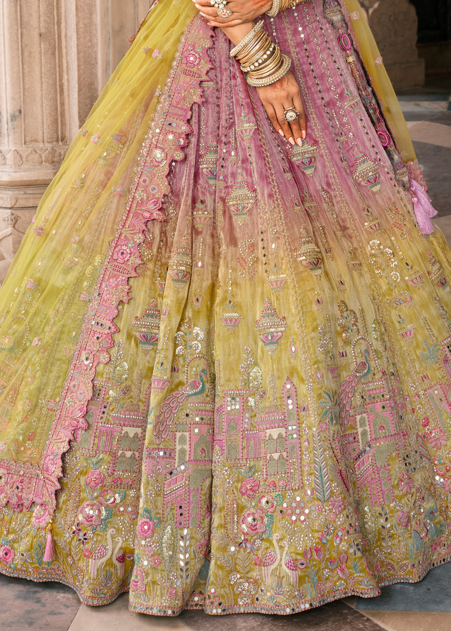 Pastel Pink & Lime Yellow Ombre Effect Embroidered Silk Lehenga Choli