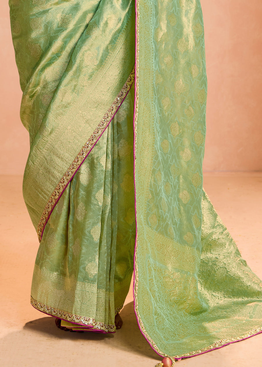 Pure Banarasi Tissue Silk Embroidered Light Green Handloom Saree & Contrast Pink Blouse