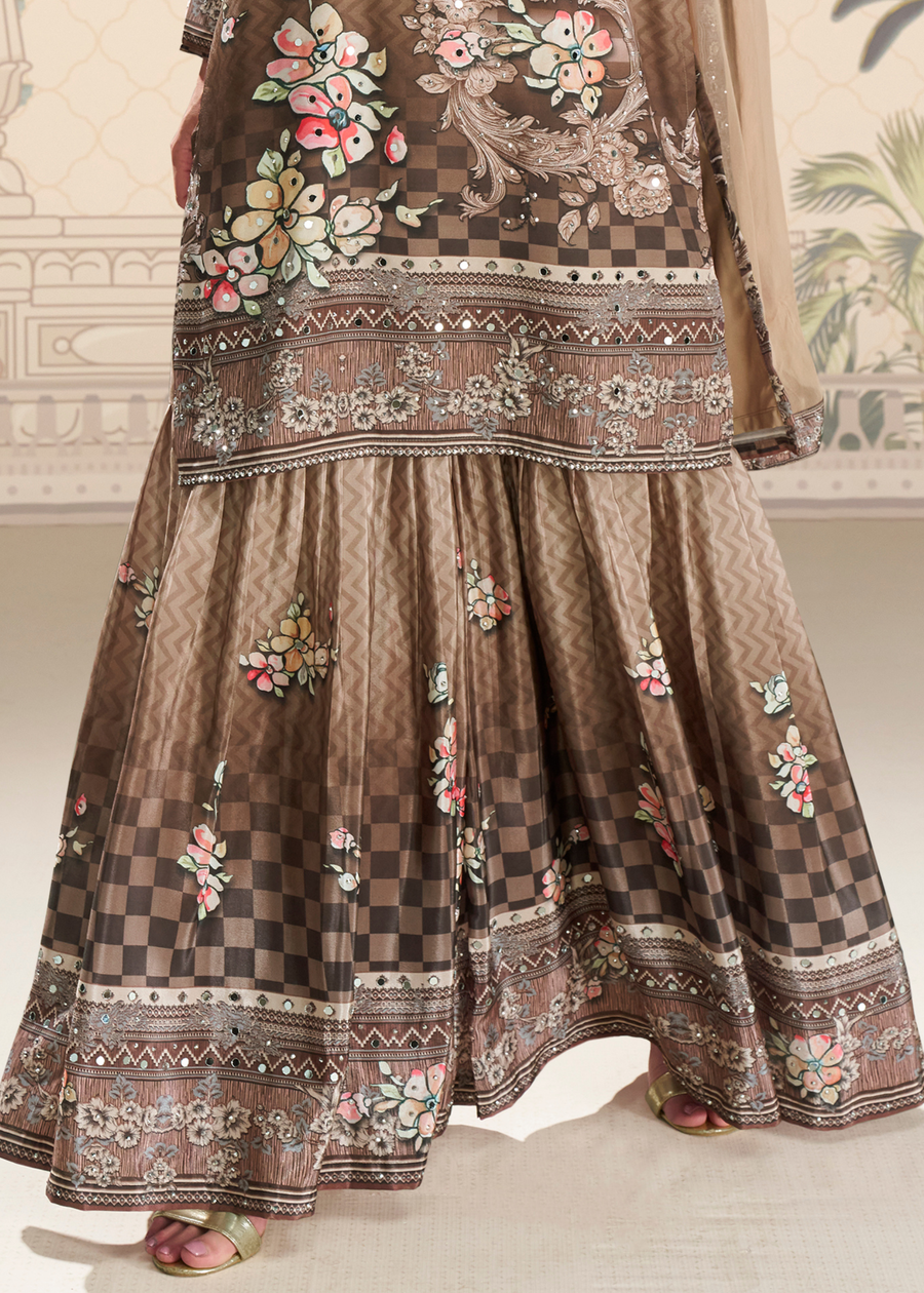 Brown Crepe Silk Sharara Suit With Dupatta