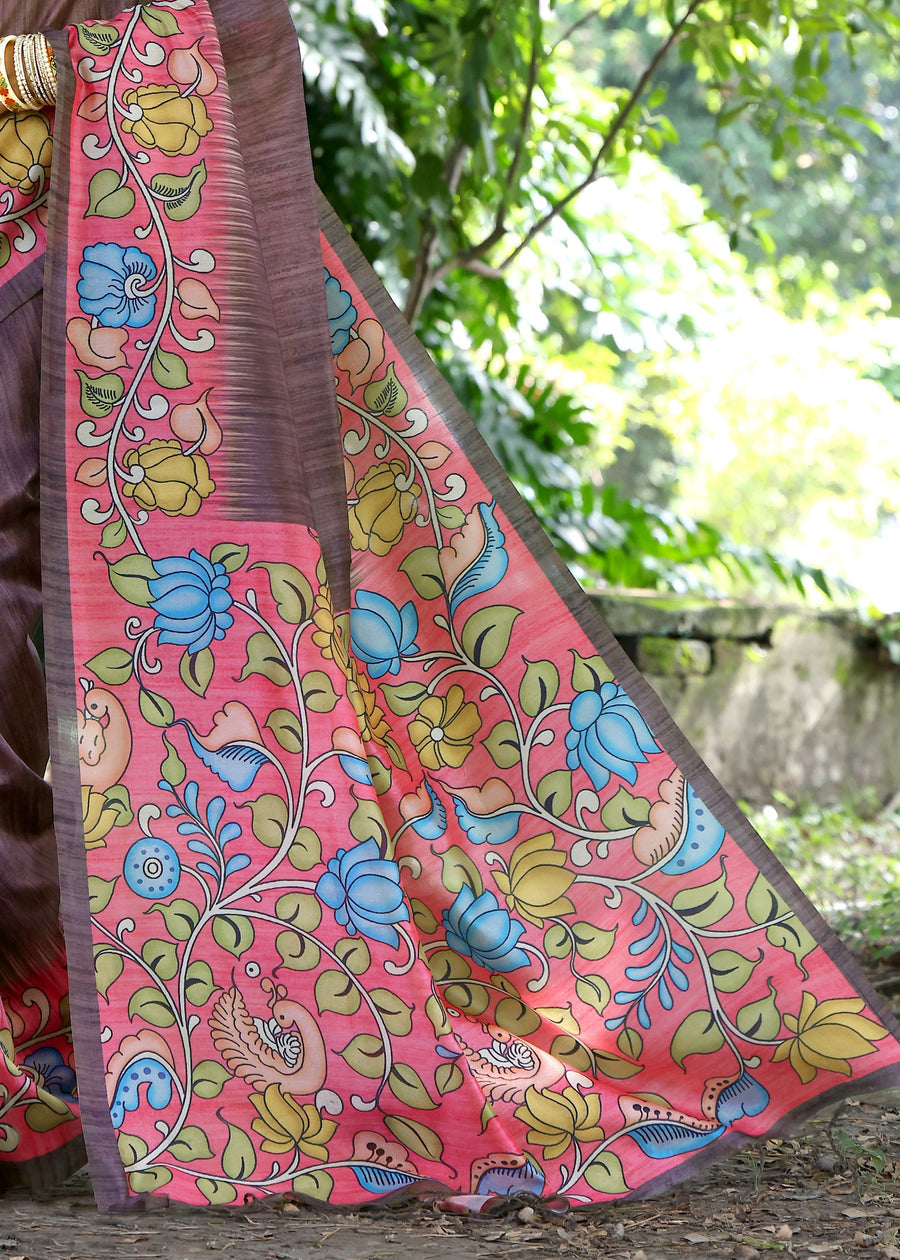 Brown & Red Cotton Silk Kalamkari Saree