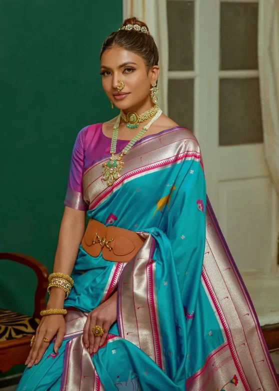 Turquoise Blue Paithani Silk Handloom Saree