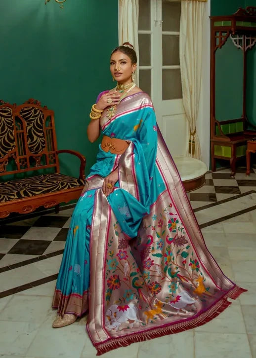 Turquoise Blue Paithani Silk Handloom Saree