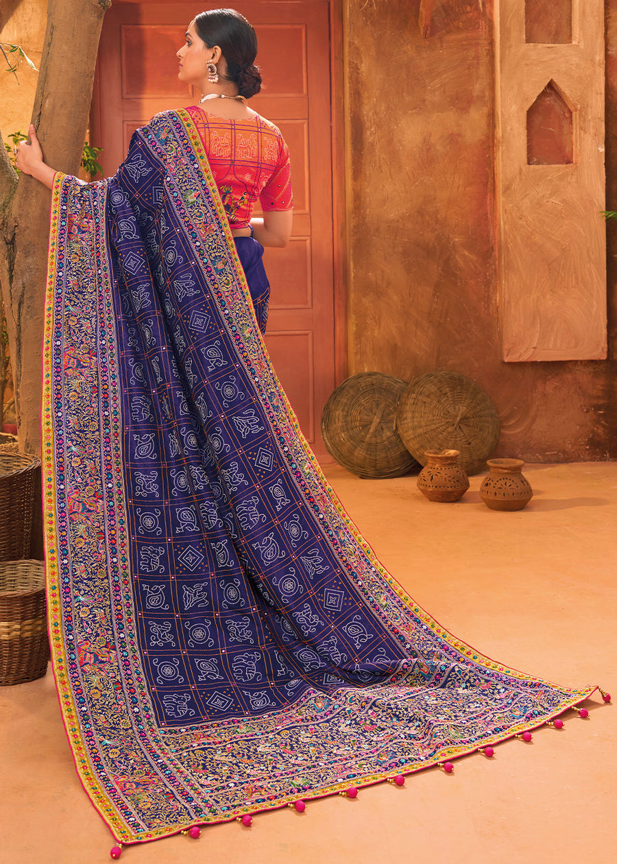 Hand Embroidery Gujarati Kutch Mirror Work Blue Banarasi Silk Saree