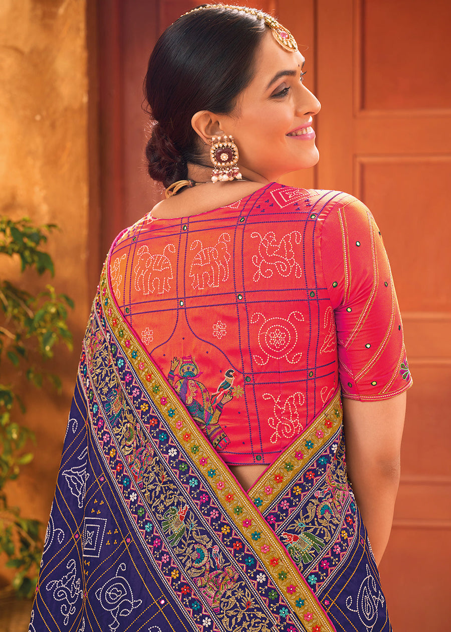 Hand Embroidery Gujarati Kutch Mirror Work Blue Banarasi Silk Saree
