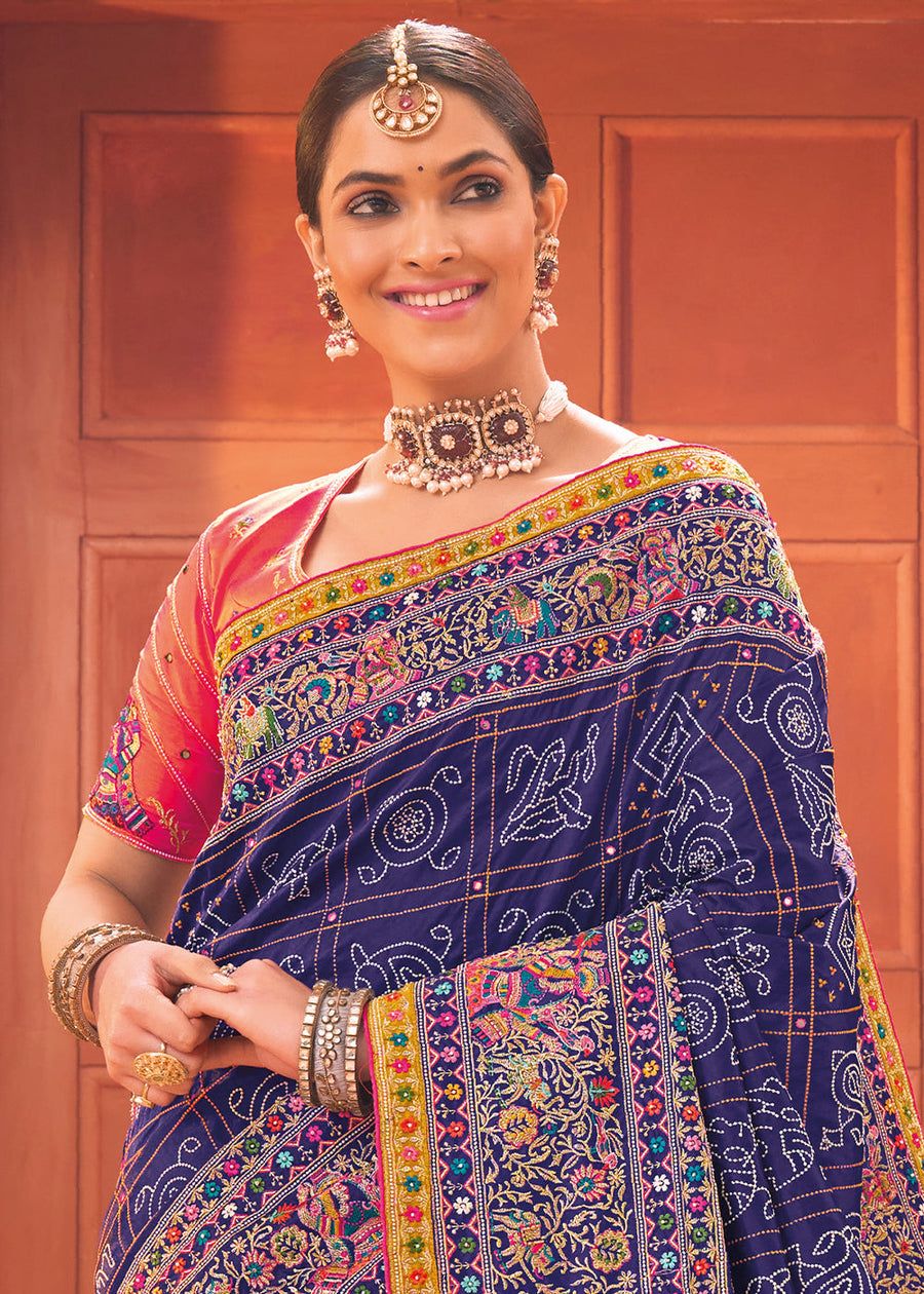 Hand Embroidery Gujarati Kutch Mirror Work Blue Banarasi Silk Saree