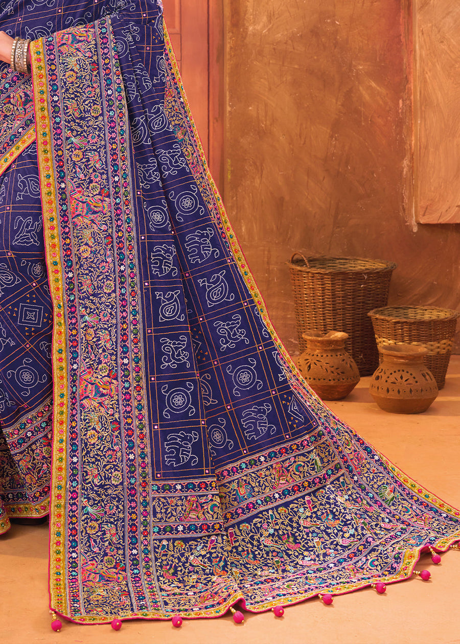 Hand Embroidery Gujarati Kutch Mirror Work Blue Banarasi Silk Saree