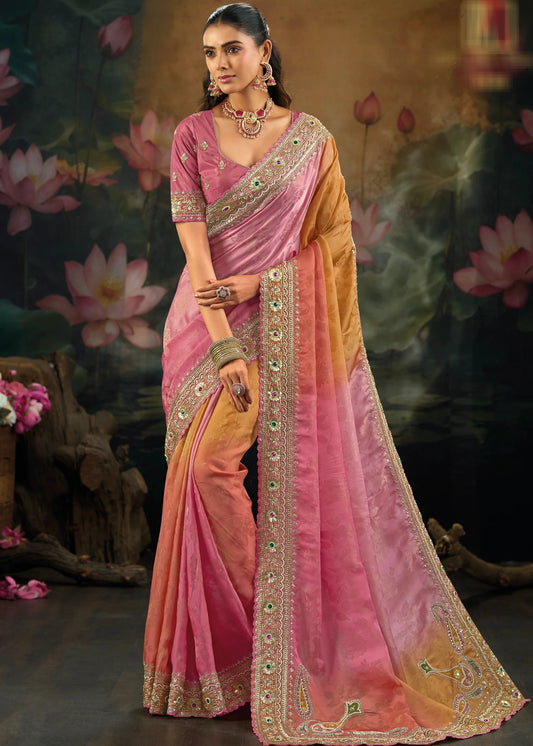Banarasi Crepe Silk Coral Pink Peach & Yellow Multicolor Embroidered Saree