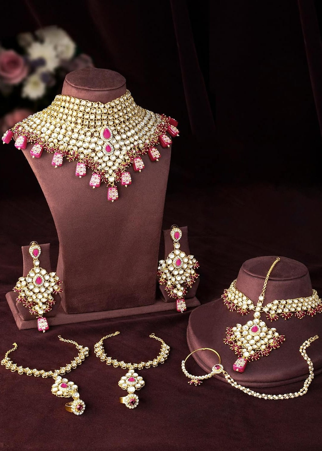 Kundan Bridal Jewellery Necklace Set With Earrings, Maang Tikka, Hathphool & Nose Ring (Pink)