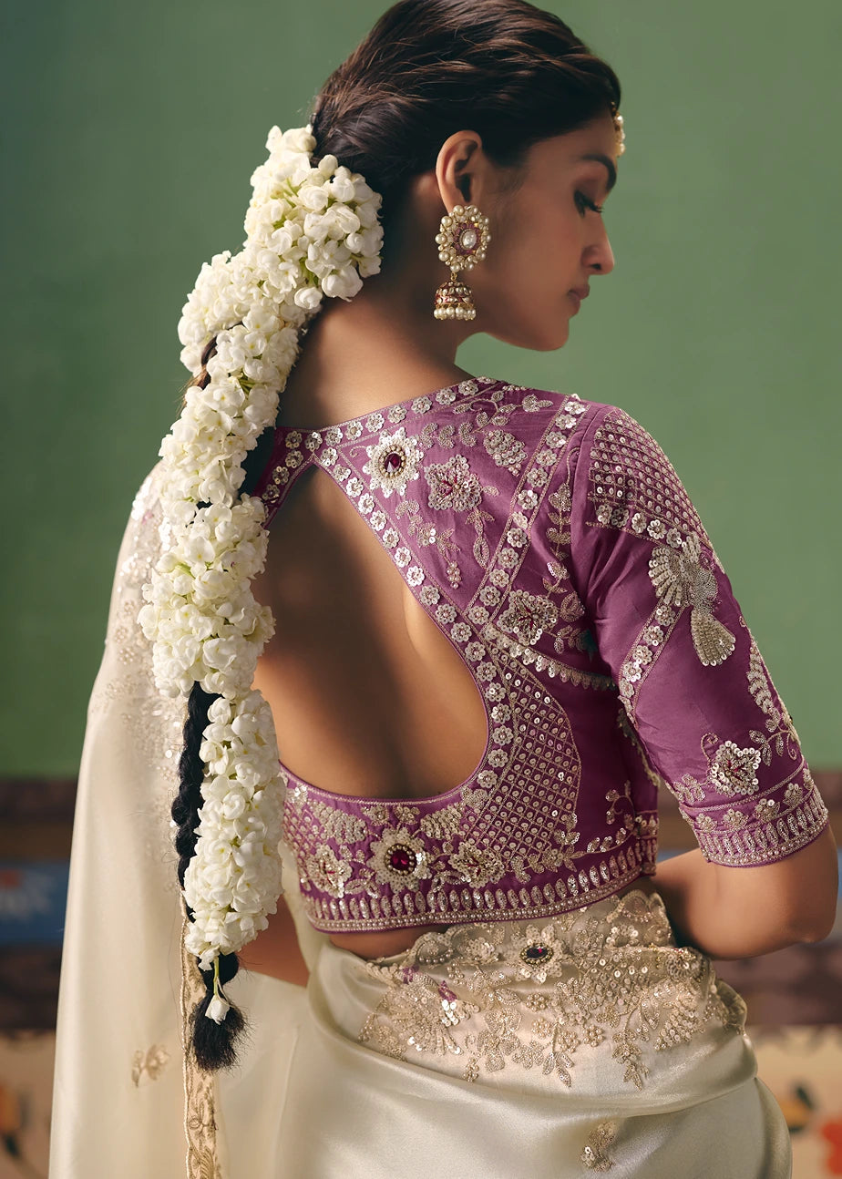 Crushed Organza Tissue Silk Off White Embroidered Saree & Purple Blouse
