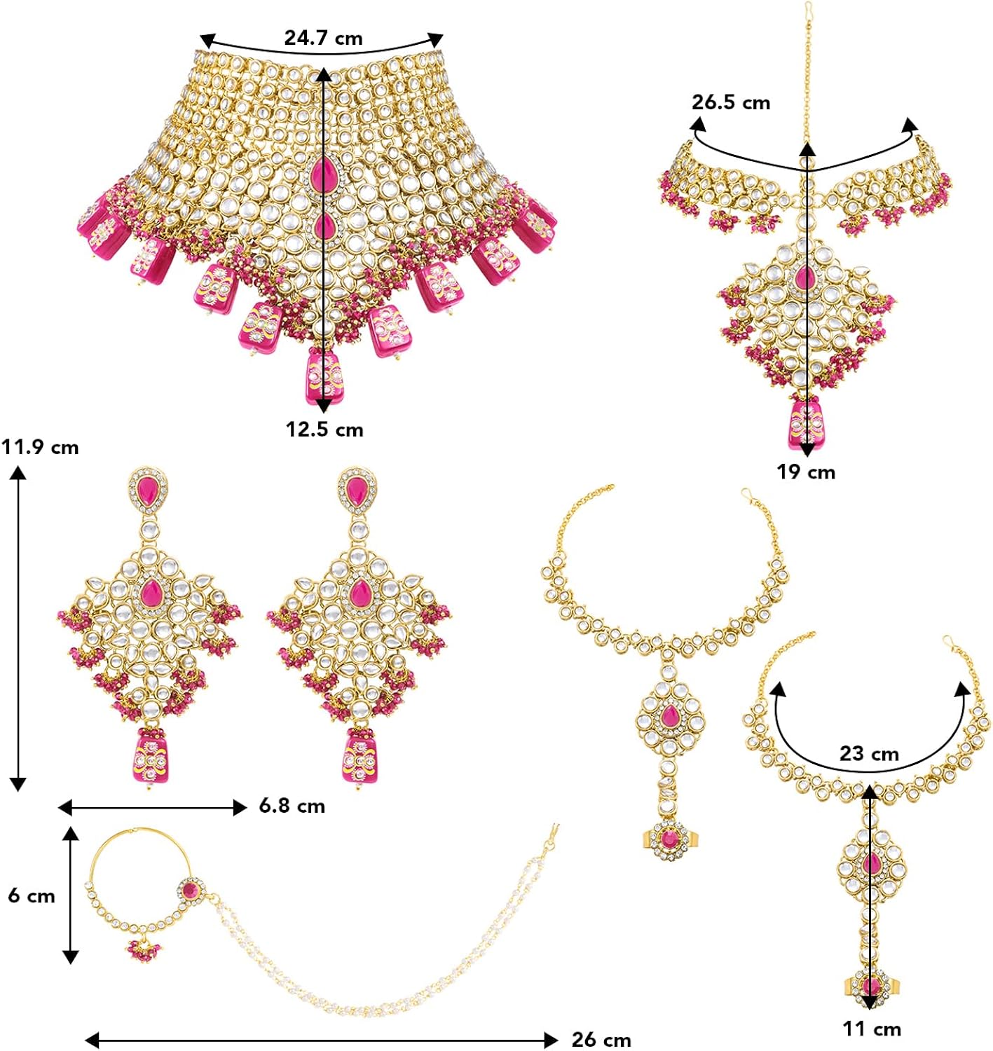 Kundan Bridal Jewellery Necklace Set With Earrings, Maang Tikka, Hathphool & Nose Ring (Pink)