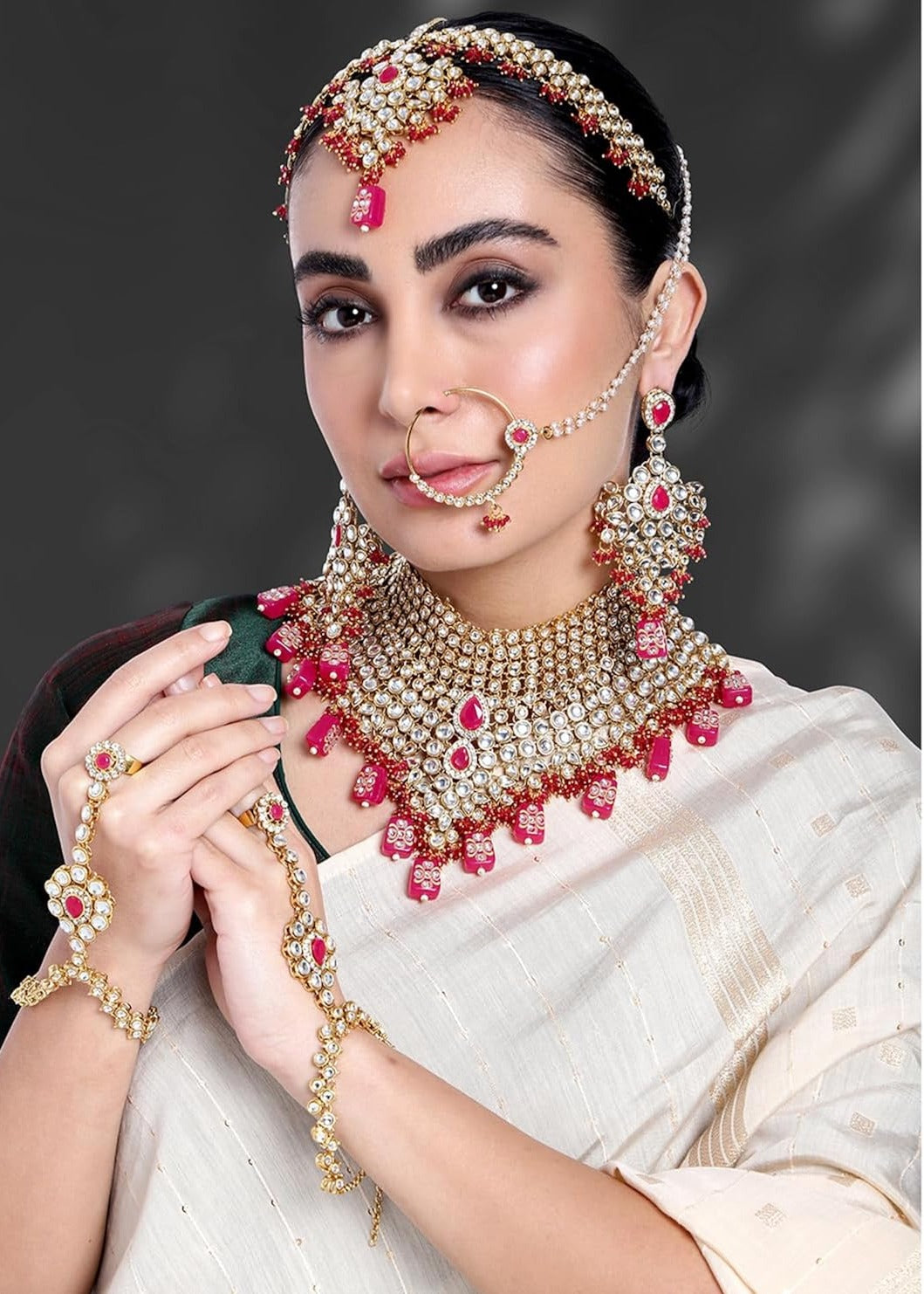 Kundan Bridal Jewellery Necklace Set With Earrings, Maang Tikka, Hathphool & Nose Ring (Pink)