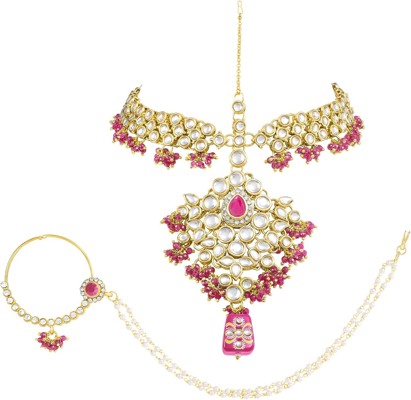 Kundan Bridal Jewellery Necklace Set With Earrings, Maang Tikka, Hathphool & Nose Ring (Pink)