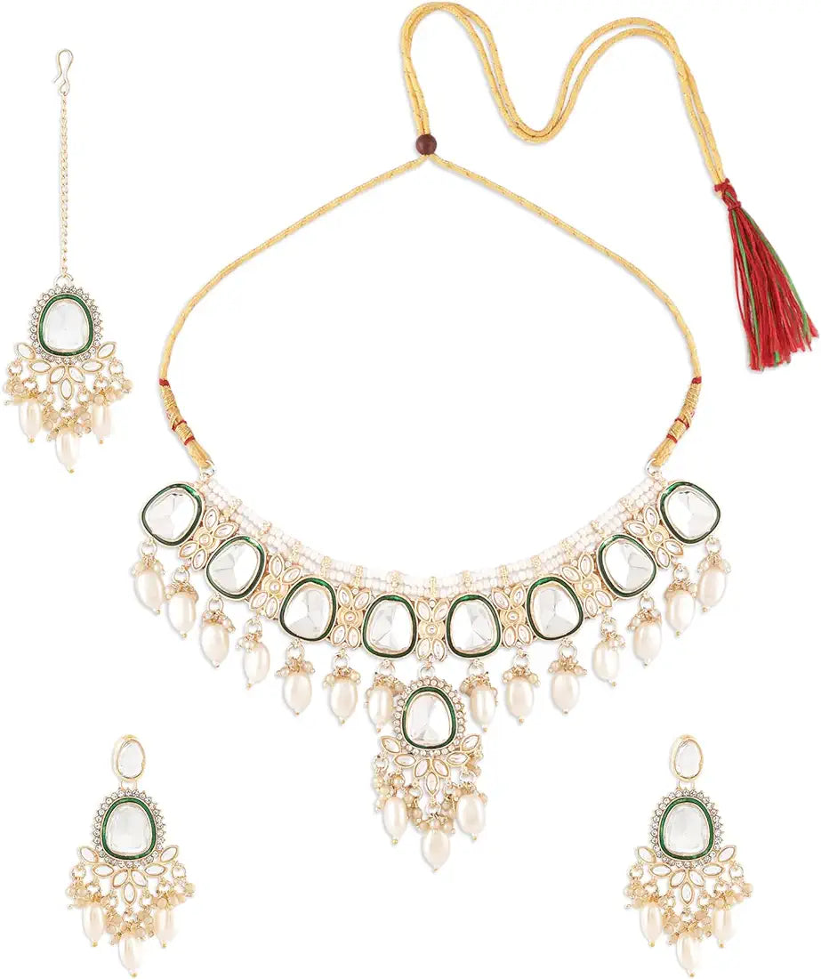 Polki Kundan Choker Necklace Set With Earrings & Maang Tikka