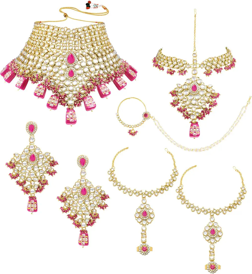 Kundan Bridal Jewellery Necklace Set With Earrings, Maang Tikka, Hathphool & Nose Ring (Pink)