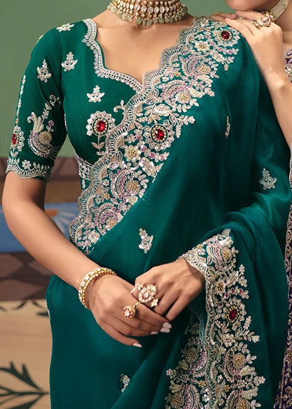 Organza Tissue Silk Dark Green Embroidered Bridal Saree