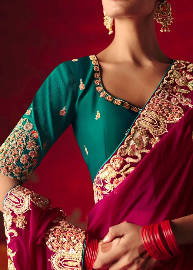 Designer Crushed Red Organza Tissue Silk Embroidered Saree & Green Blouse
