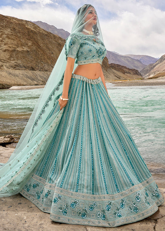 Aqua Blue Bridesmaids Lehenga Choli With Mirror Work