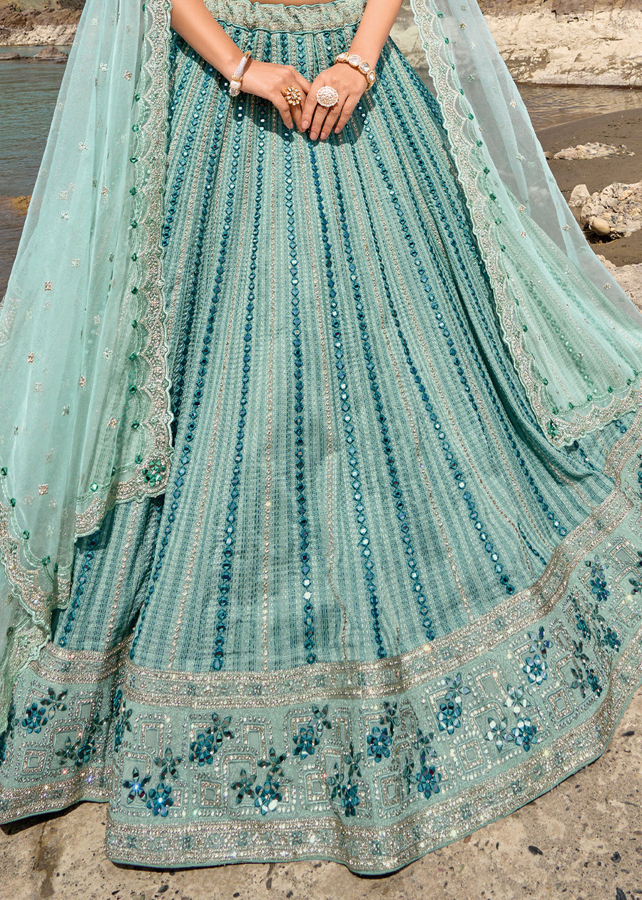 Aqua Blue Bridesmaids Lehenga Choli With Mirror Work