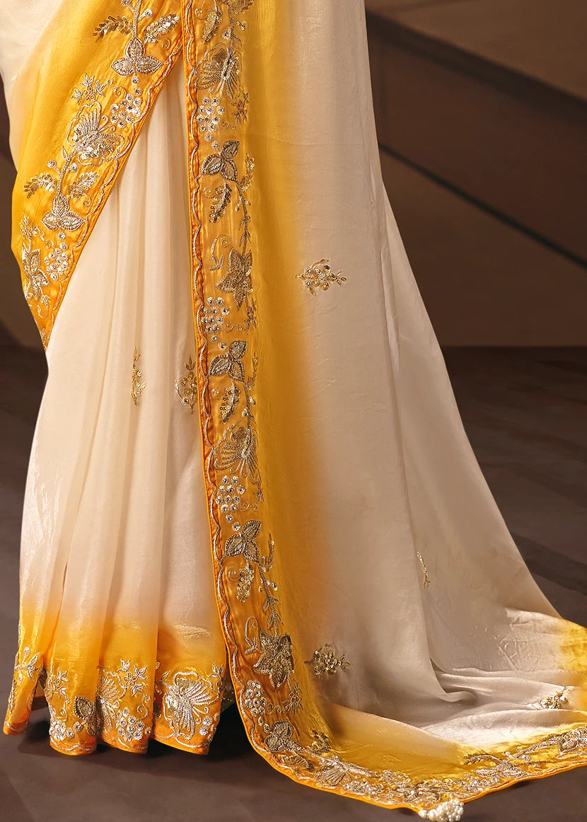Off White and Yellow Organza Tissue Silk Embroidered Bridal Saree