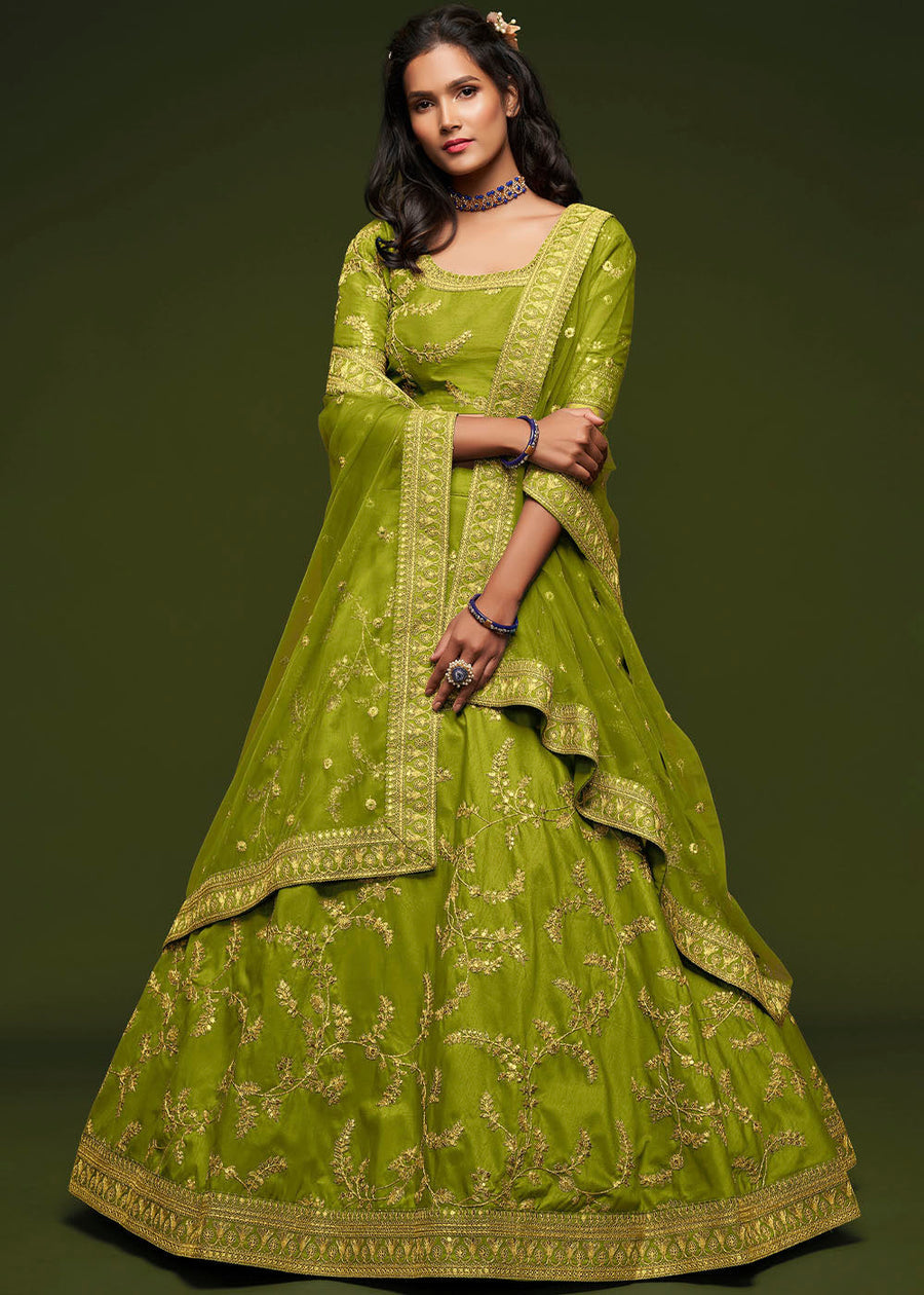 Lime Green Silk Bridesmaids Lehenga Choli With Zari Work