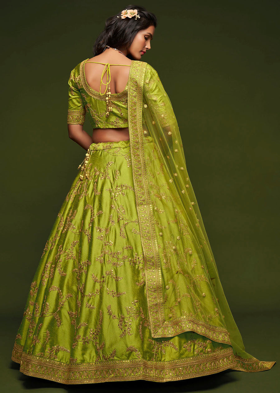 Lime Green Silk Bridesmaids Lehenga Choli With Zari Work