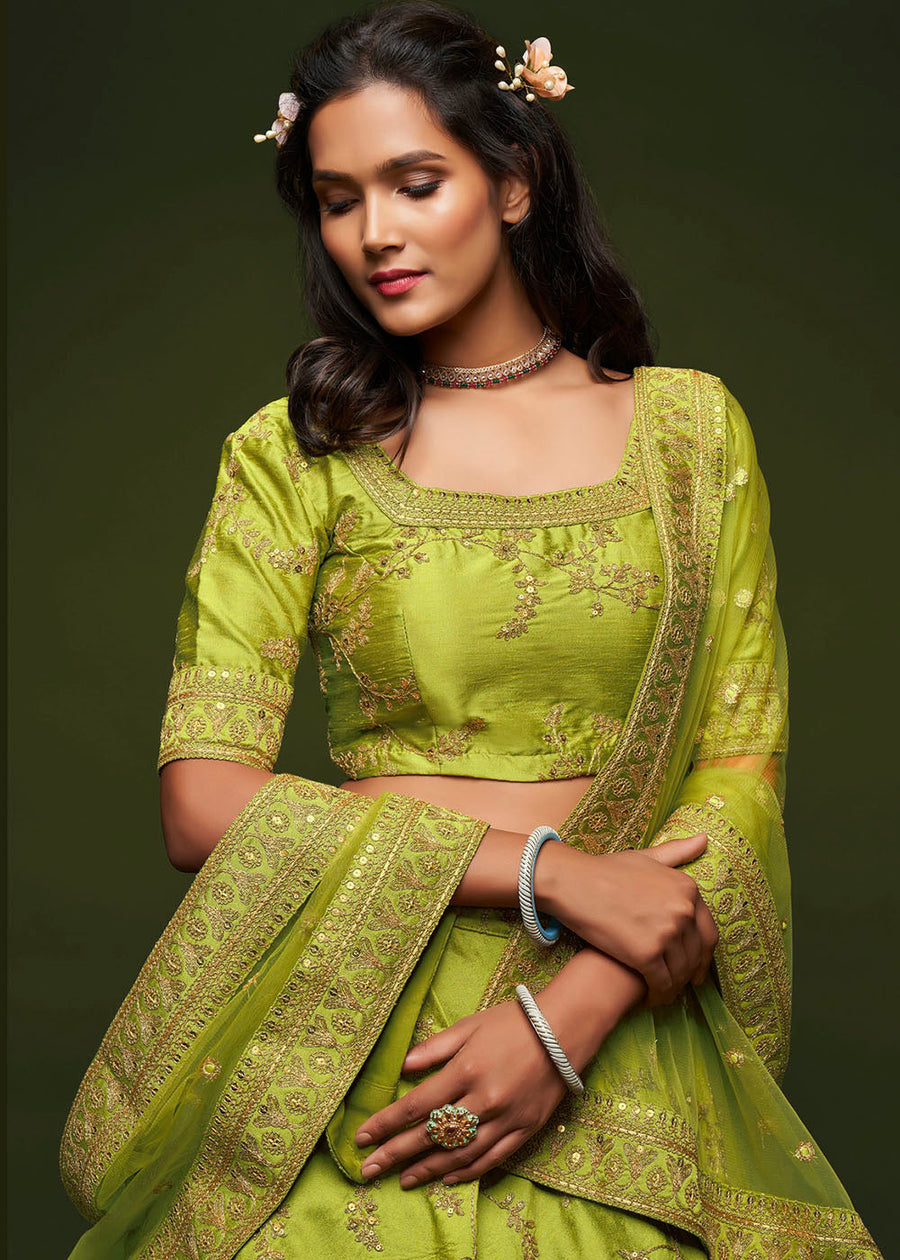 Lime Green Silk Bridesmaids Lehenga Choli With Zari Work