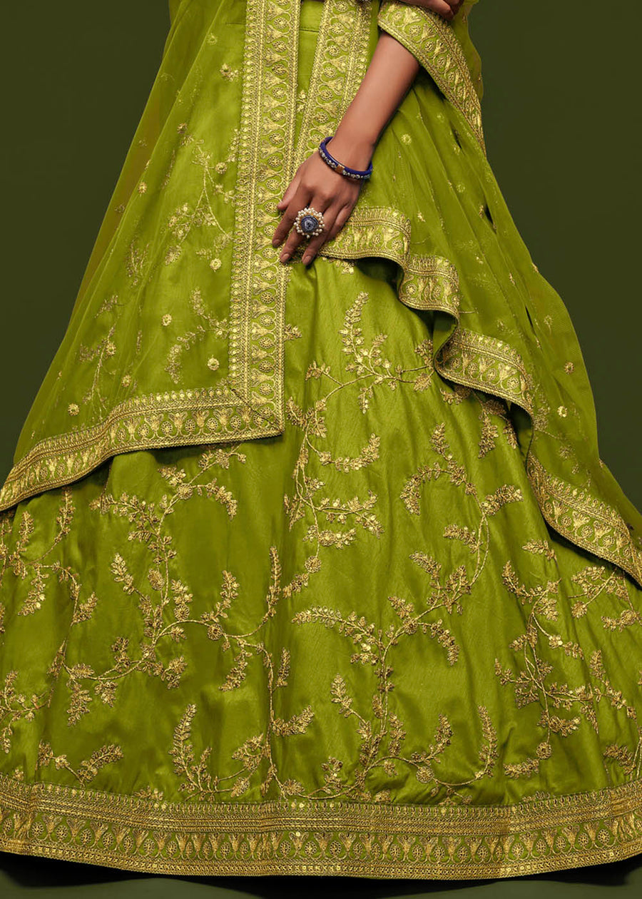 Lime Green Silk Bridesmaids Lehenga Choli With Zari Work