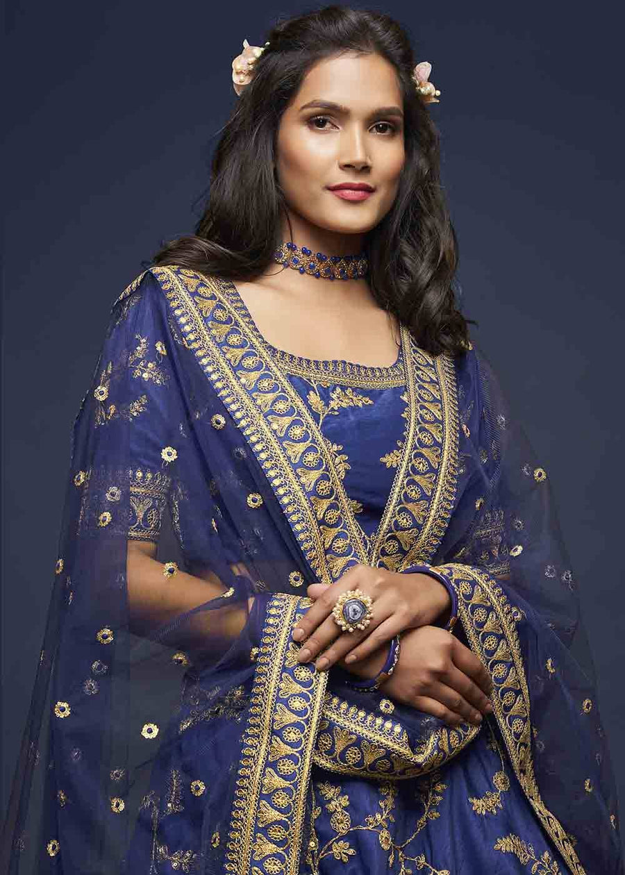 Royal Blue Silk Bridesmaids Lehenga Choli With Zari Work