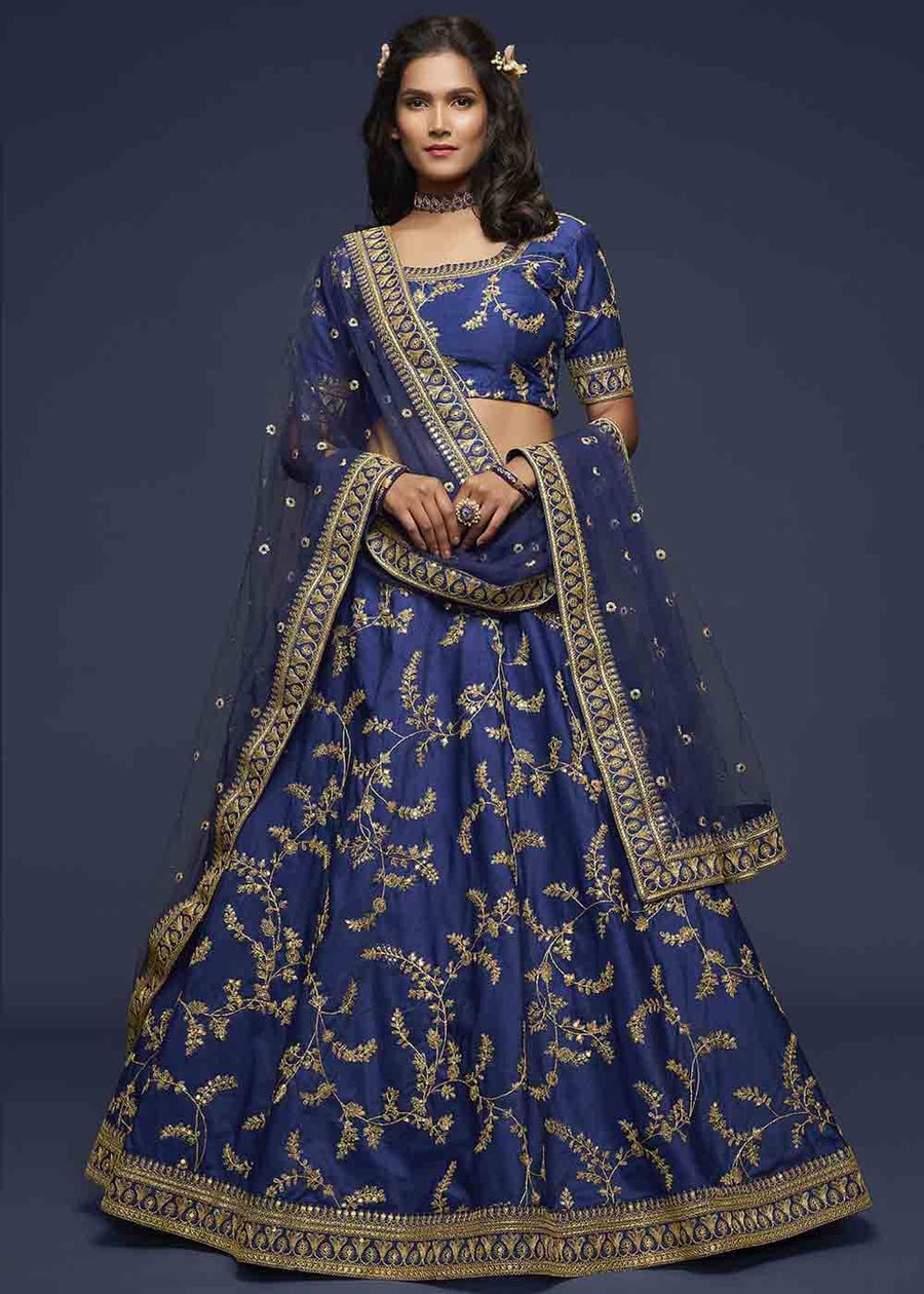 Royal Blue Silk Bridesmaids Lehenga Choli With Zari Work