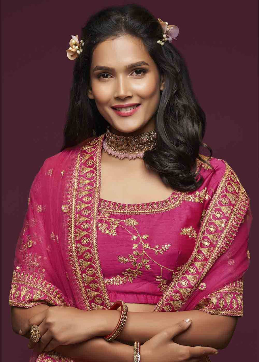 Rani Pink Silk Bridesmaids Lehenga Choli With Zari Work